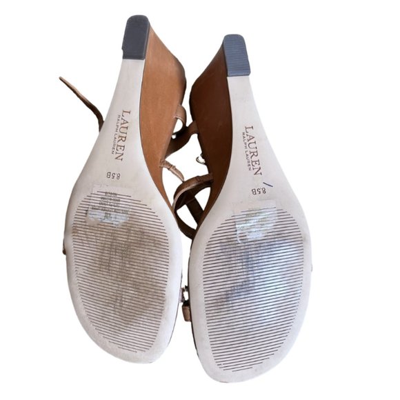 Ralph Lauren Wedge Sandals with Tan Leather Straps & Gold "RL" Emblem Size 8.5B - Picture 5 of 5